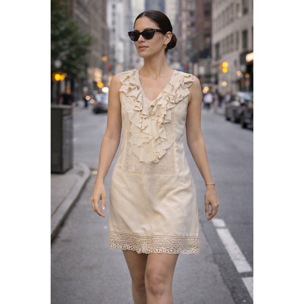 Sheri Bodell‎ 100% Silk Ruffle Mini Dress • Cream Boho Lace • Party / Resort XS
